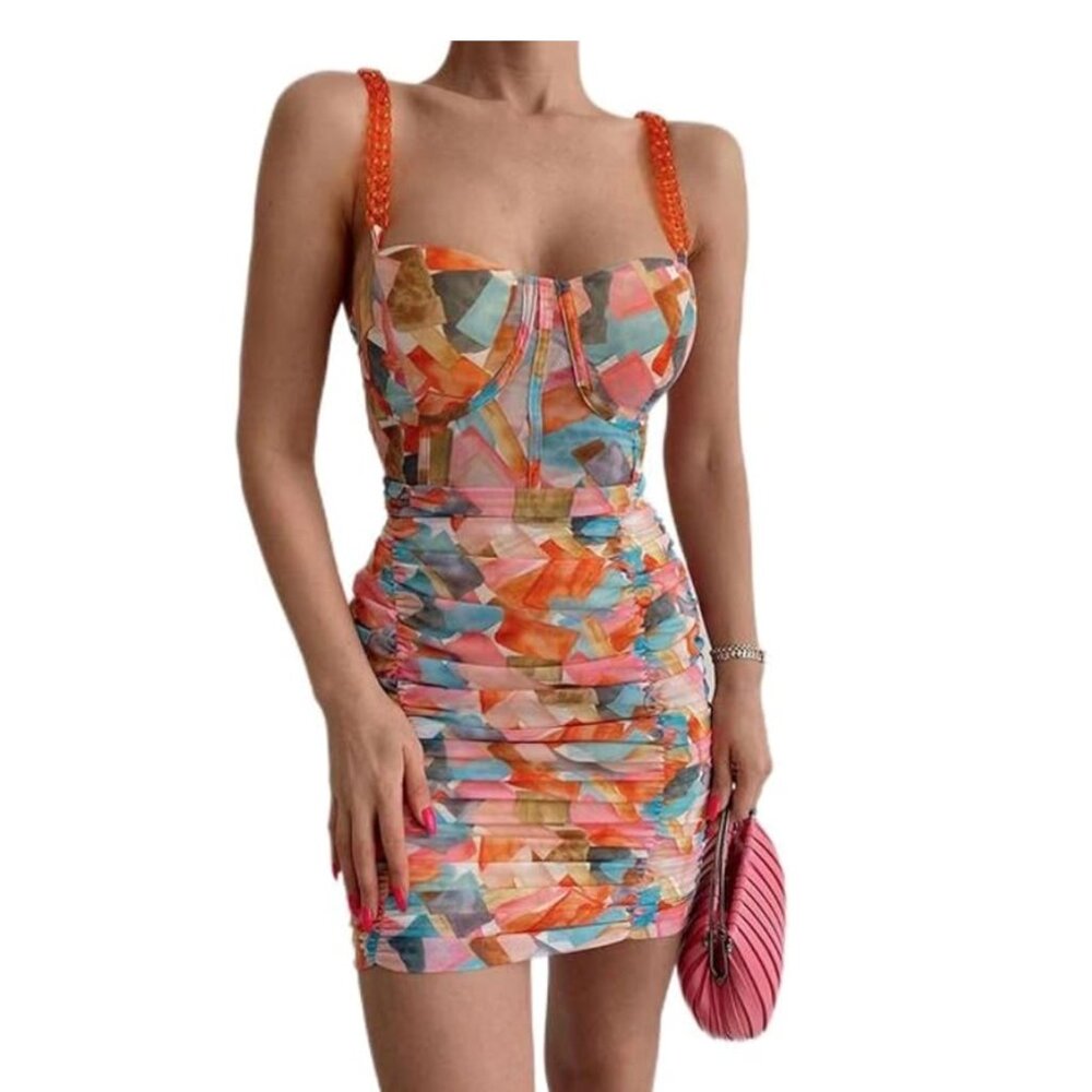 NWT Bright colorful mini ruched dress with orange chain straps
